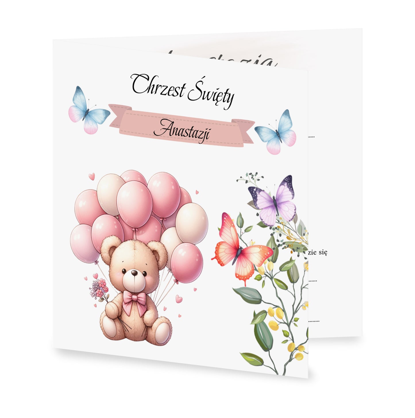 Zaproszenie składane z kopertą na Chrzest - Pluszowy miś z różowymi balonami