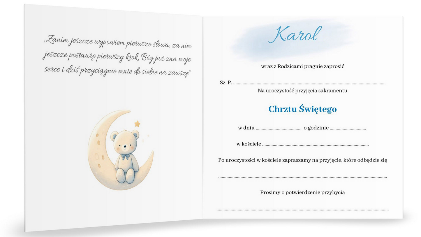 Zaproszenie na Chrzest składane 15x15 z kopertą  - Miś pluszowy na rowerku
