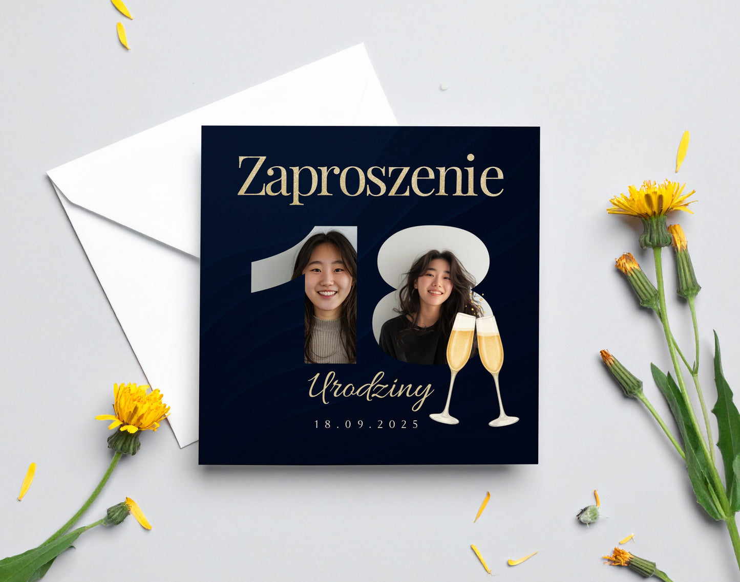 Zaproszenie na 18 urodziny 15x15 z kopertą  -  Personalizowane