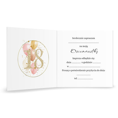 Zaproszenie na 18 urodziny 15x15 z kopertą  -  Personalizowane
