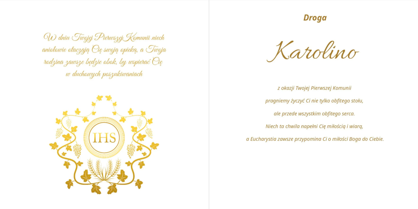 Kartka składana z życzeniami na I Komunię Świętą 15 x 15 cm 4 strony