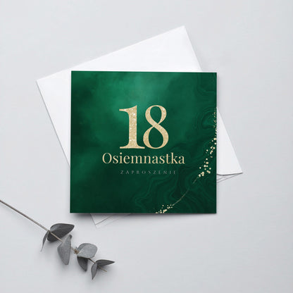 Zaproszenie na 18 urodziny 15x15 z kopertą  -  Butelkowa zieleń