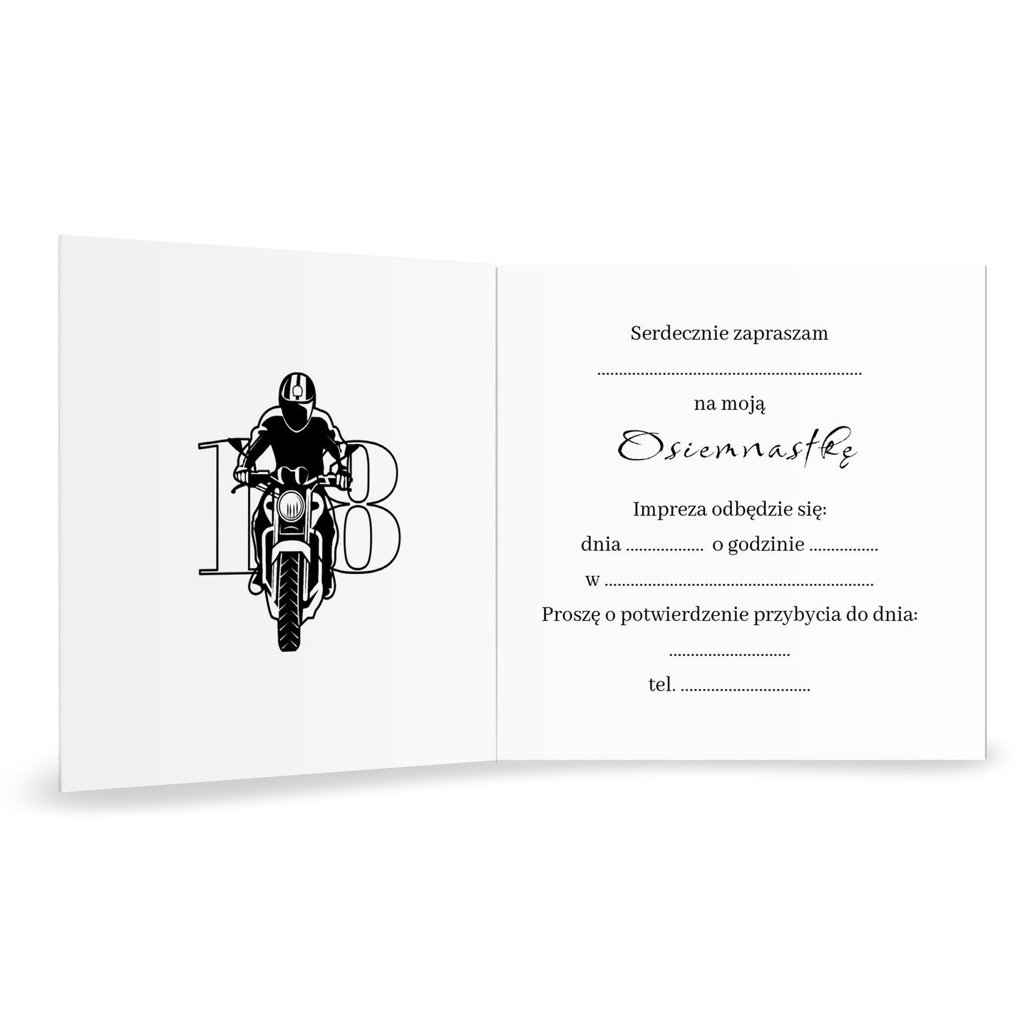 Zaproszenie na 18 urodziny 15x15 z kopertą  -  Motocykl