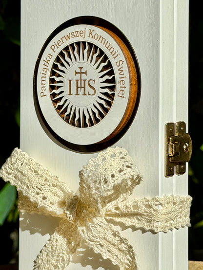 Pamiątka I Komunii Świętej - drewniane pudełko na banknoty