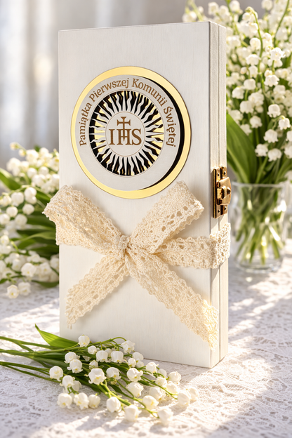 Pamiątka I Komunii Świętej - drewniane pudełko na banknoty